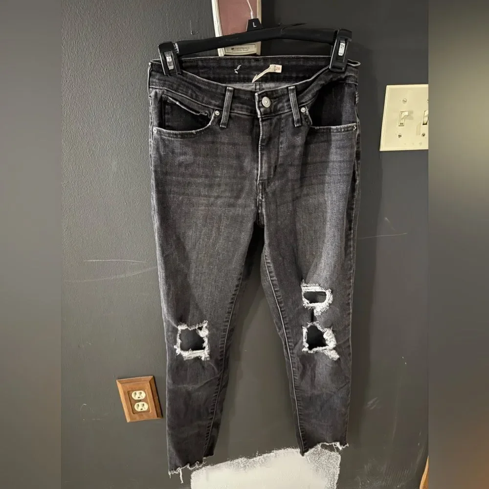 Levi 721 High Rise Skinny Jeans Black Frey Bottom Distressed Women's Size 8 - Picture 5 of 15